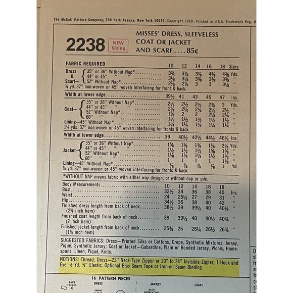 McCall's 2238 Pattern Vintage 1960s Misses Dress SL Coat Scarf Size 12 UNCUT - Picture 3 of 4